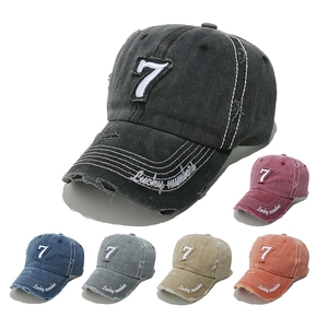 Distressed Washed Cotton Baseball Cap Retro Embroidered Number 7 Lucky Numbers Streetwear Unisex Sun Hat