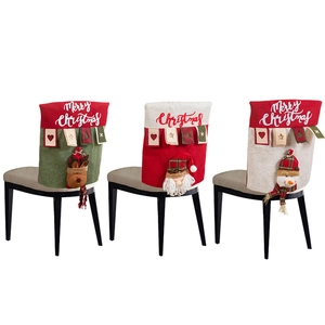 Three Christmas chair covers featuring 3D Santa, Snowman, and Reindeer cartoon designs