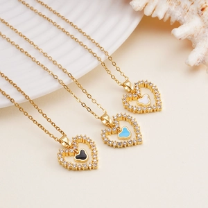 Elegant gold heart pendant necklaces with micro-inlaid zircons in three stylish colors