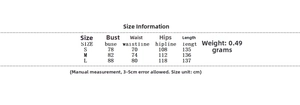 Detailed size chart for elegant satin long dress with bust, waist, and hip measurements
