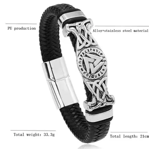 Braided black leather Viking bracelet for men with silver rune charms and magnetic clasp