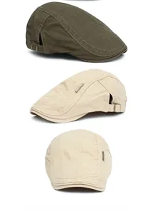 Detail of adjustable metal side buckle and reinforced brim on cotton flat cap