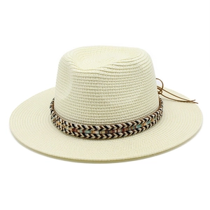 Creamy white straw sun hat with ethnic style woven band for summer outdoor protection