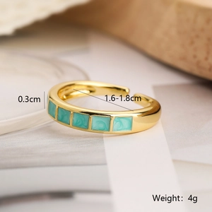 Detail of 18k gold plated adjustable ring with turquoise enamel inlay and size dimensions