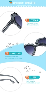 Detailed view of dark gray glitter flower kids sunglasses with TR frame and nose pads
