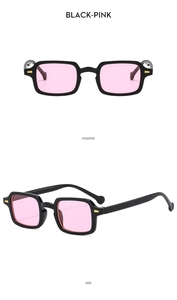 Detailed views of vintage square sunglasses with black frames and pink transparent lenses