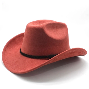 Detail of coral red suede cowboy hat with black braided trim and wide curved brim