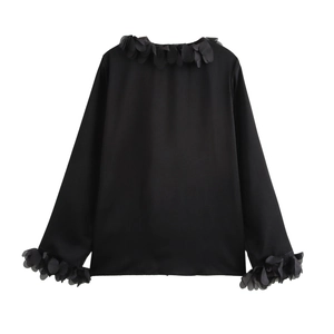 Elegant black long sleeve blouse with 3D floral ruffles on neckline and cuffs