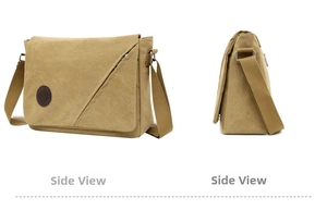 Detail view of khaki canvas messenger bag showing the side profile and adjustable strap