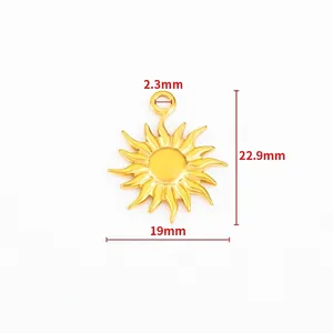 Gold stainless steel sun pendant with 22.9mm height and 19mm width measurements