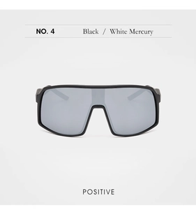 Front view of black cycling sunglasses with white mercury lenses for outdoor sports