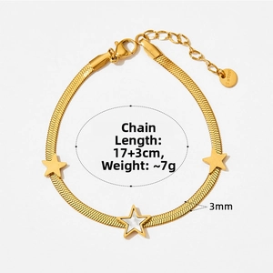 Close-up of gold snake chain bracelet with three stars and stainless steel tag