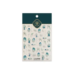 3D embossed floral nail stickers with blue-green design and gold accents, model TS-4080