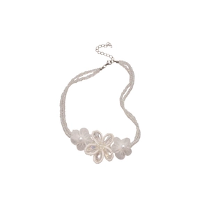 Elegant stainless steel necklace featuring white fabric flower and pearl beaded chain