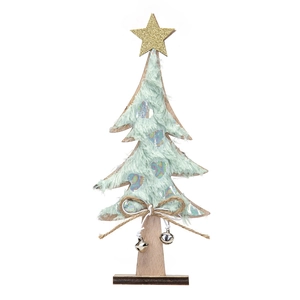 Detail of wooden Christmas tree decor with green plush, golden star, and small metal bell