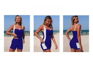 Detail view of navy blue sporty tankini with white side stripes and side pockets