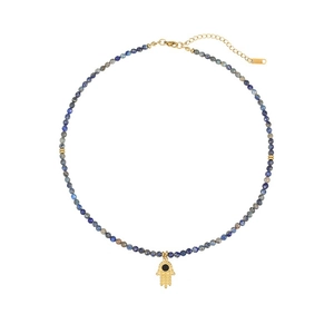 Lapis lazuli and turquoise beaded necklace with golden Hamsa Hand and evil eye pendant