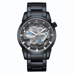 Montre mécanique creuse noire pour homme avec bracelet en acier et détails d'engrenages bleus