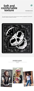 Detailed views of black and white skull bandana with classic paisley patterns