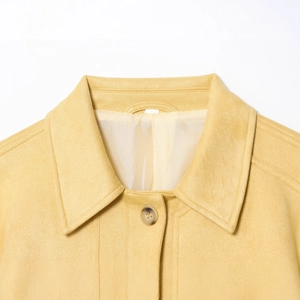 Women's light yellow faux suede jacket with lapel collar and marble pattern button detail