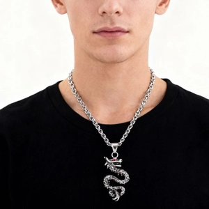 Vintage stainless steel dragon pendant necklace with red eyes for men, silver finish