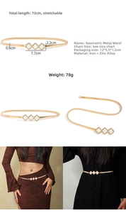Detail of gold metal spring waist chain with diamond bow and sizing dimensions