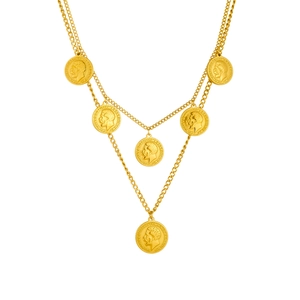 Double-layer gold coin necklace featuring six round portrait pendants on linked chains