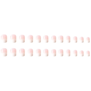 Set di 24 unghie finte con sfumatura rosa e bianca in varie misure su sfondo bianco neutro