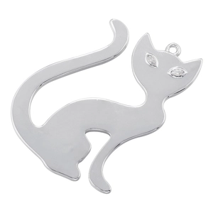 Detailed view of a silver cat pendant with polished finish and inlaid eyes for Halloween
