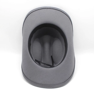 Detail view of the interior sweatband and adjustable drawstring of a grey felt cowboy hat