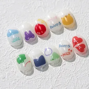 Close-up of 3D jelly nail stickers with cute cartoon clouds, rabbits and hearts