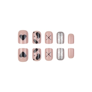 Halloween ghost and heart press-on nails set with pink base and silver glitter