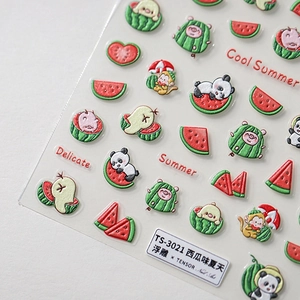 3D embossed nail stickers featuring summer watermelon and cartoon animal patterns