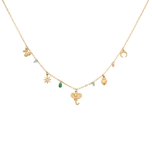 Gold double-layer stainless steel necklace with crystal elephant and cherry charms