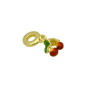 Detail of a golden cherry pendant with vibrant red enamel fruit and a green leaf