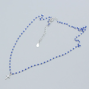S925 sterling silver cross pendant necklace with blue beads and inlaid diamonds