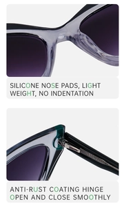 Close-up of integrated silicone nose pads and rust-proof metal hinges of cat eye sunglasses
