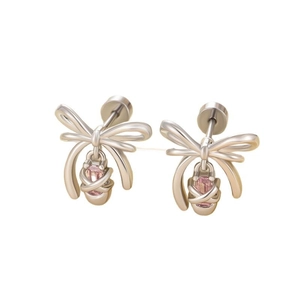 Silver bow stud earrings with micro-set zircon and pink gemstone ballet shoe charms