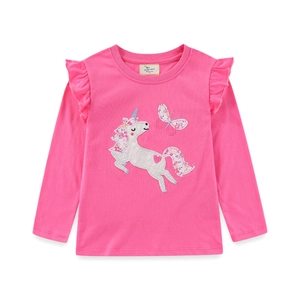 T-Shirt À Manches Longues Pour Filles En Coton Broderie Licorne Épaule À Volants Col Rond Haut Décontracté Enfant