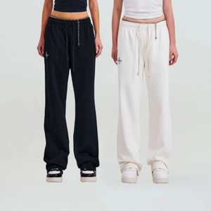 Pantalon De Survêtement En Coton Large Femme Droit Broderie Croix Cordon Décontracté Streetwear Sport Jogger