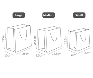 Size chart showing large, medium and small dimensions for cartoon paper gift bags