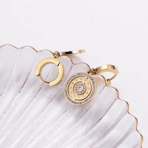 Luxury 18k gold plated titanium round hoop earrings with Roman numerals and crystals