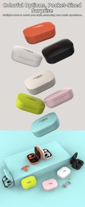 Sport TWS wireless earphones in various colors with a compact charging case