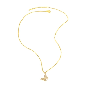 Gold plated butterfly pendant necklace with sparkling white zircons on a white background