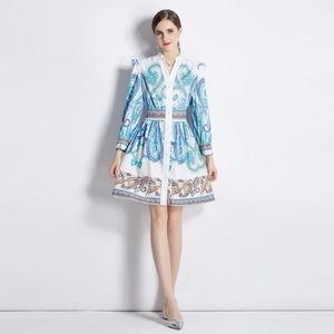 Robe Midi Imprimé Cachemire Manches Longues Col V Taille Haute Boutonnée Elégante Bohème Mousseline Tissée Mode Femme