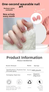 Detail of pink gradient press-on nails with glitter finish and product specifications