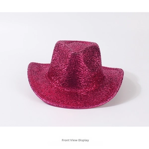 Front view of vibrant hot pink glitter cowboy hat for parties and festive events