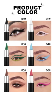 Matte eyeliner sticks set showing six vibrant colors and makeup results on eyes
