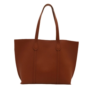 Minimalist brown faux leather tote bag with large capacity and reinforced shoulder straps
