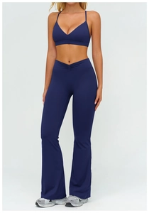 Completo yoga blu scuro da donna con pantaloni a zampa e vita a incrocio